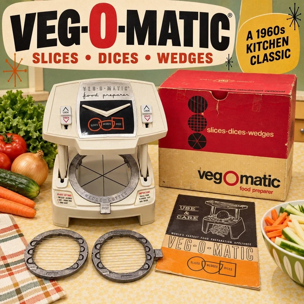 Vintage Veg-O-Matic Food Preparer PBI 1960s Kitchen Slicer Dicer with Box Manual
